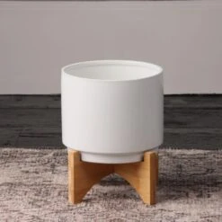 Plain Ceramic Plant Pot On Wooden Stand -Online Home Furnishings 30829988
