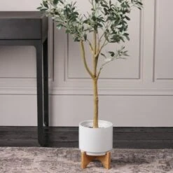 Plain Ceramic Plant Pot On Wooden Stand -Online Home Furnishings 30829988 alt01