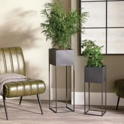 Set Of 2 Square Graphite Metal Plant Stands